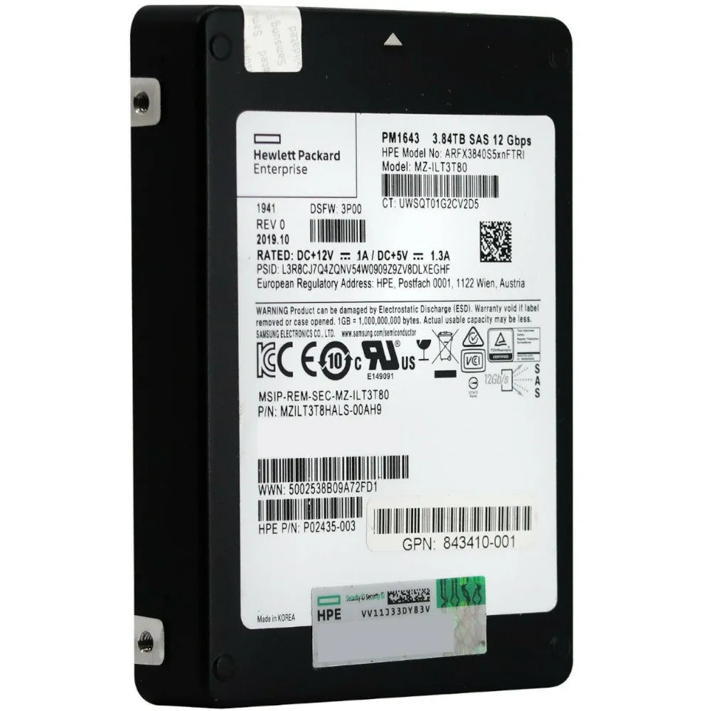 HP PM1643 MZILT3T8HALS-00AH9 P02435-003 3.84TB SAS 12Gb/s 2.5in Solid State Drive