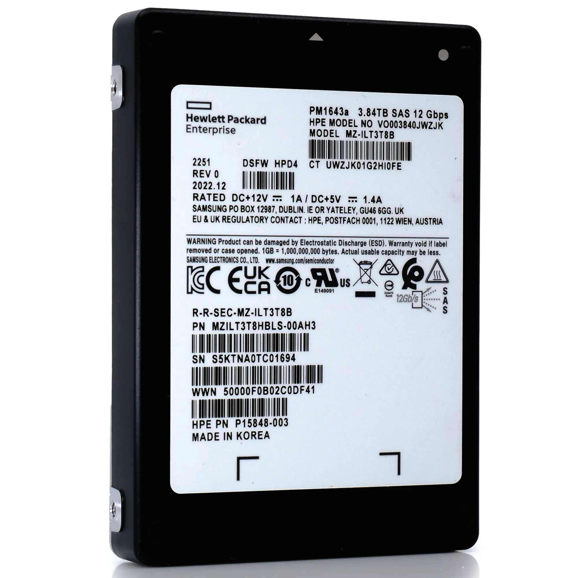 HPE PM1643a MZILT3T8HBLS P15848-003 3.84TB SAS 12Gb/s 3D TLC 1DWPD 2.5in Solid State Drive