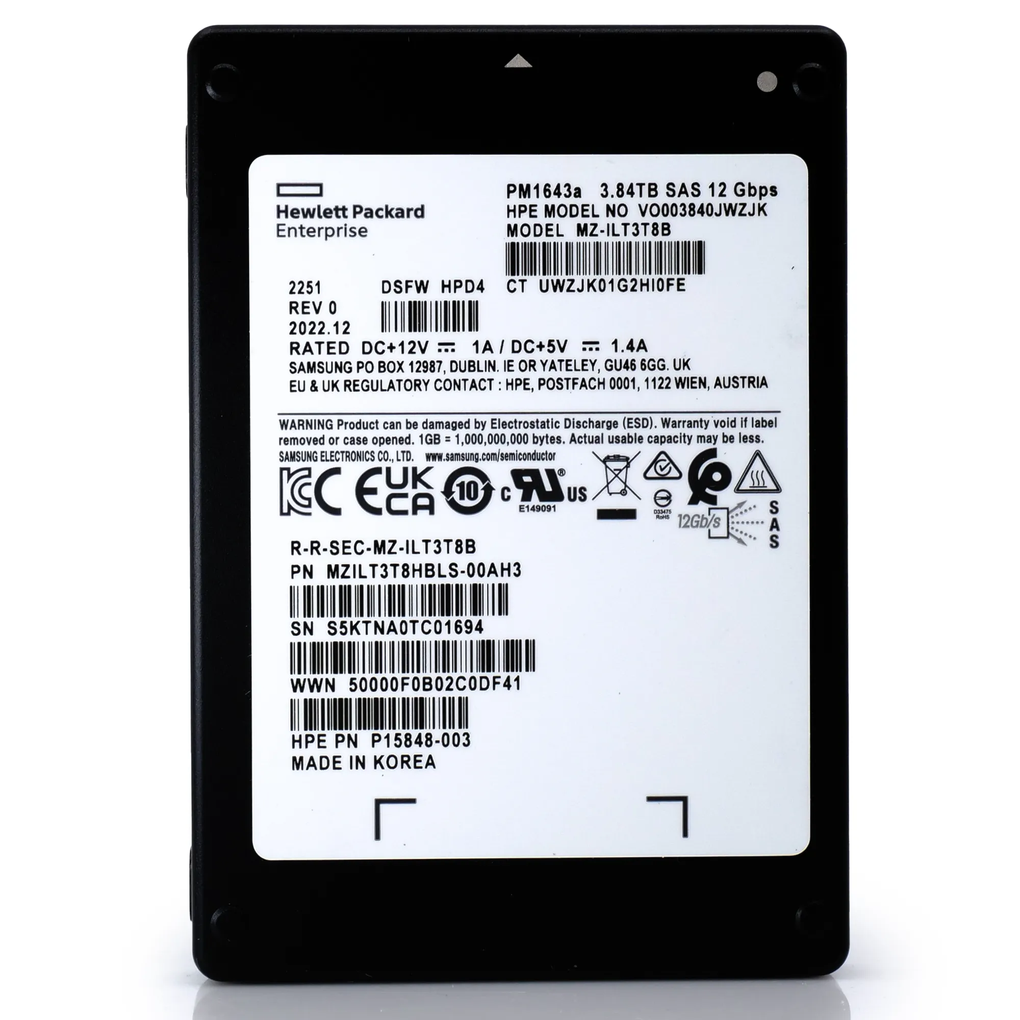 HPE PM1643a MZILT3T8HBLS P15848-003 3.84TB SAS 12Gb/s 3D TLC 1DWPD 2.5in Solid State Drive
