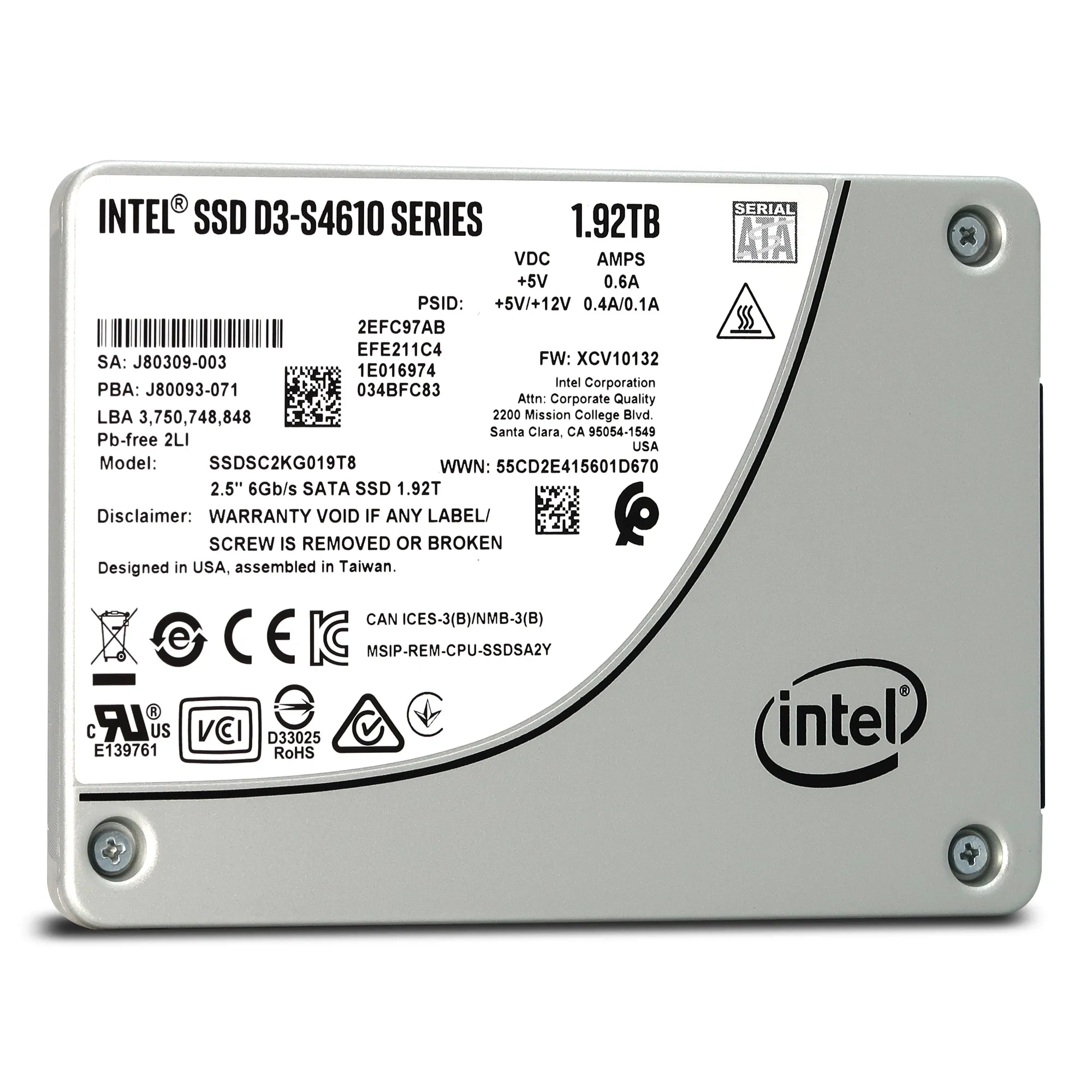 Intel D3-S4610 SSDSC2KG019T801 1.92TB SATA 6Gb/s 2.5" AES 256-bit Solid State Drive