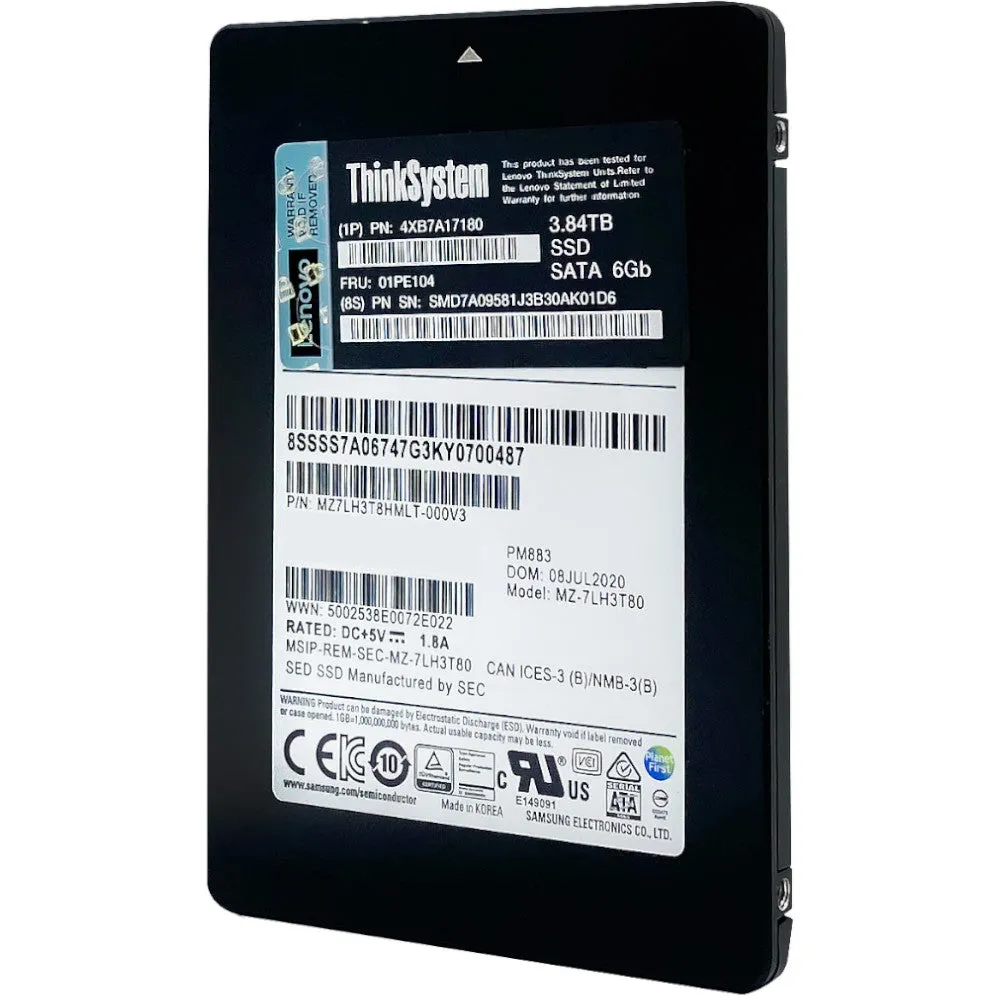 Lenovo PM883 MZ7LH3T8HMLT 01PE104 3.84TB SATA 6Gb/s 2.5in Solid State Drive