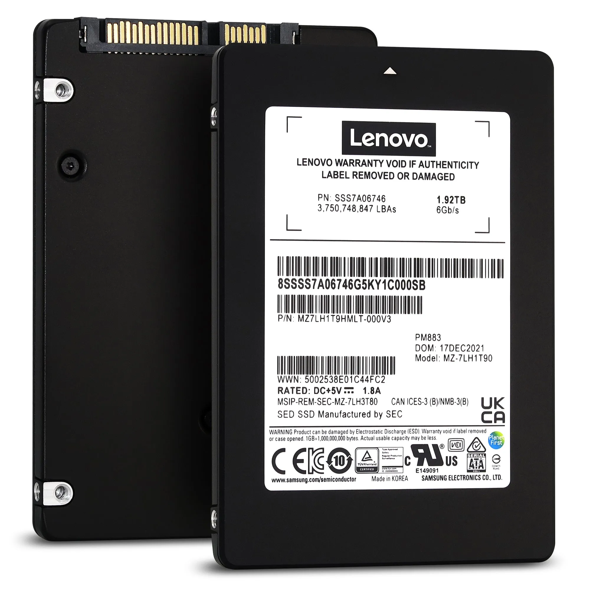 Lenovo / Samsung PM883 MZ7LH1T9HMLT SSS7A06746 1.92TB SATA 6Gb/s 3D TLC 1.3DWPD 2.5in Solid State Drive