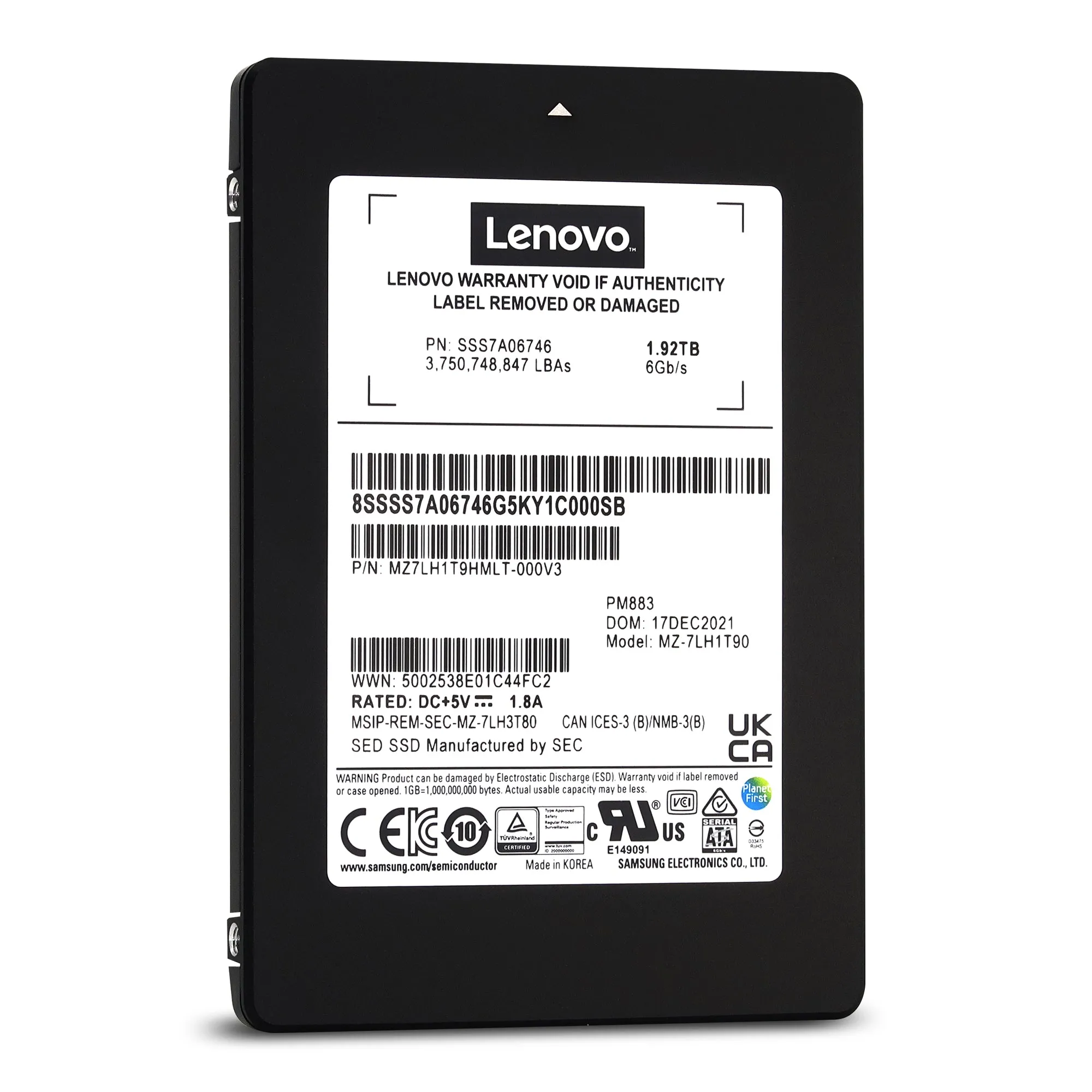 Lenovo / Samsung PM883 MZ7LH1T9HMLT SSS7A06746 1.92TB SATA 6Gb/s 3D TLC 1.3DWPD 2.5in Solid State Drive