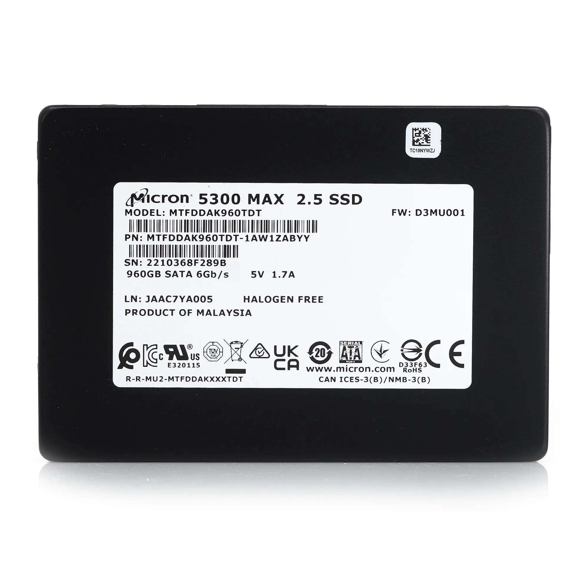 Micron 5300 MAX MTFDDAK960TDT 1AW1ZABYY 960GB SATA 6Gb/s 3D TLC 5DWPD 2.5in Enterprise Solid State Drive