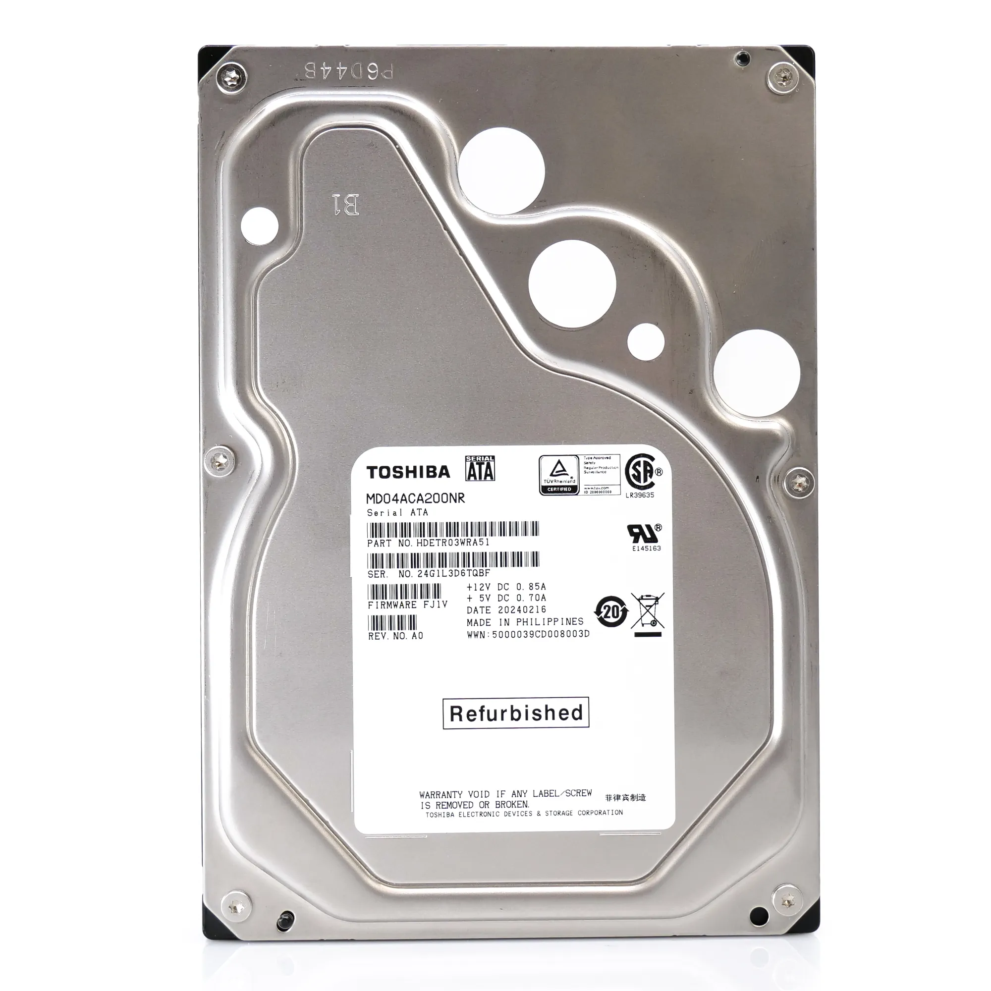 Toshiba MD04 MD04ACA200NR 2TB 7.2K RPM SATA 6Gb/s Desktop 3.5in Recertified Hard Drive